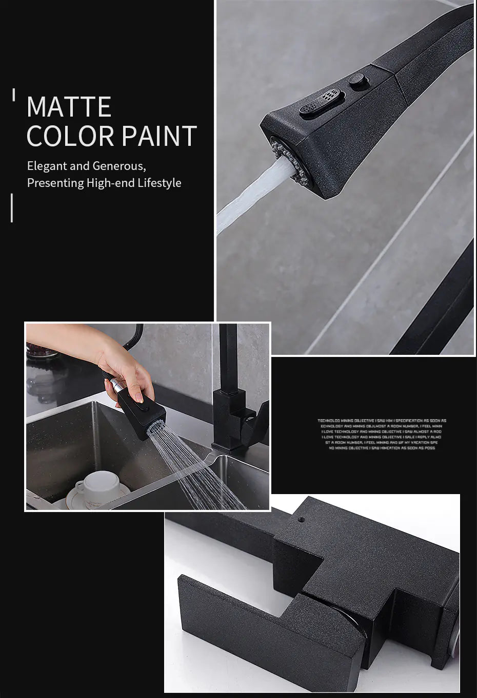 Retractable Black Copper Kitchen Faucet with Sprayer