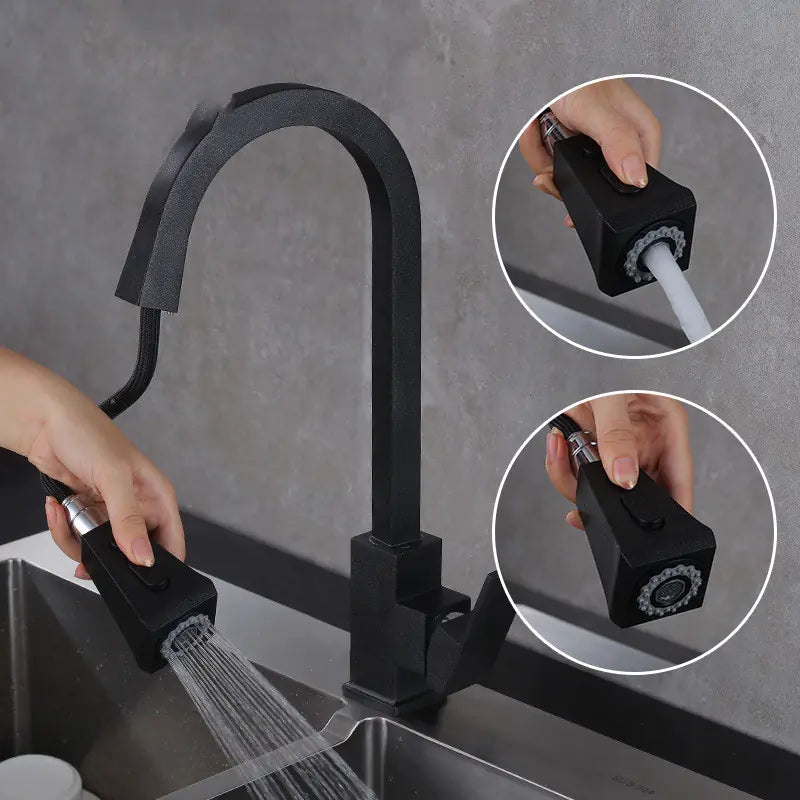Retractable Black Copper Kitchen Faucet with Sprayer