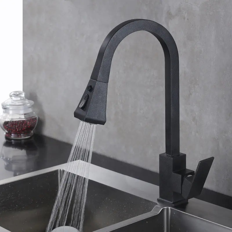 Retractable Black Copper Kitchen Faucet with Sprayer