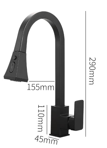 Retractable Black Copper Kitchen Faucet with Sprayer